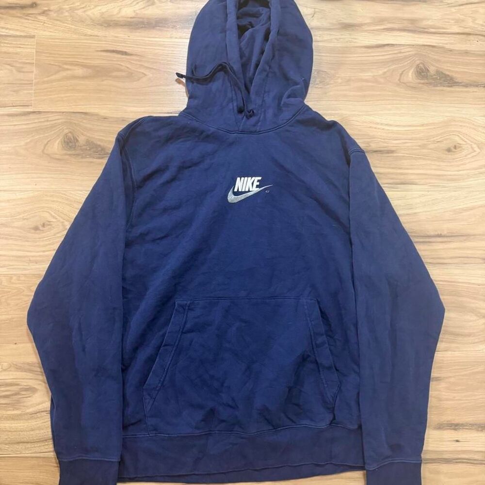 Y2K style Nike navy blue hoodie embroidered swoosh center size large